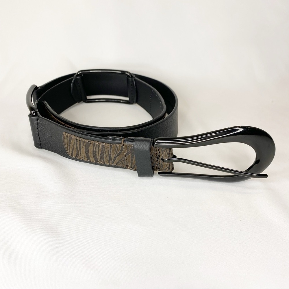 Chico's Women's Belt Medium Black Brown Leather Leopard Print Metal Accents - Picture 2 of 13